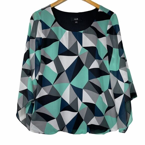 AGB Blue and White 3/4 Sleeve Scooped Neck Blouse - Picture 1 of 11